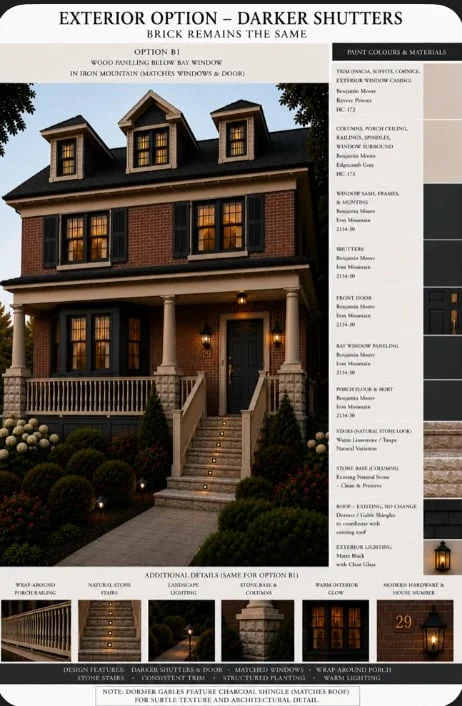 The owner’s AI rendering: darker shutters, brick unchanged, with the Benjamin Moore palette