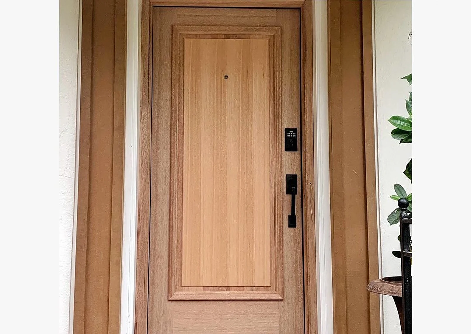 Before: Front door, A front door, natural wood to gloss black