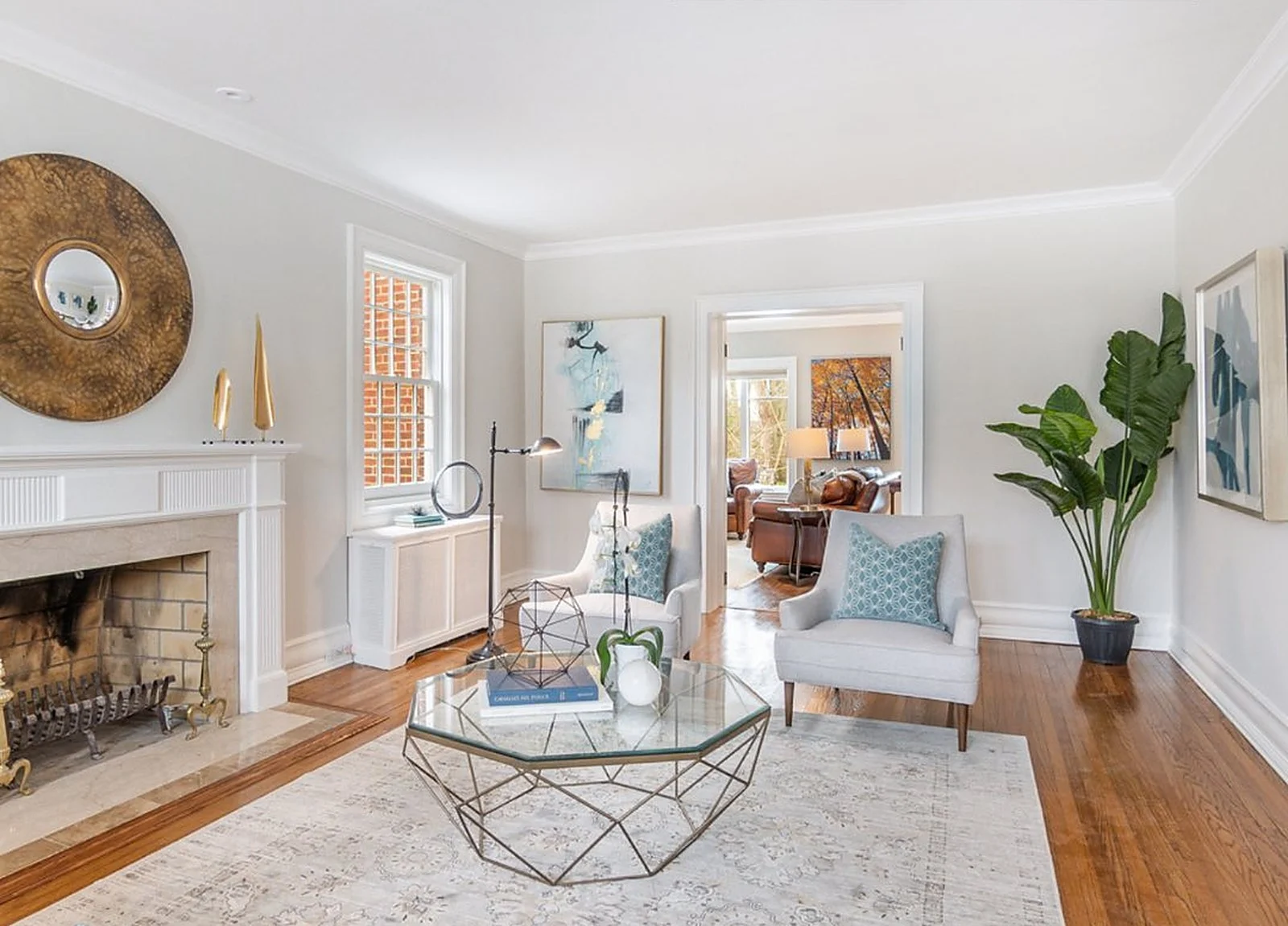 AFTER: living room white fireplace, staged