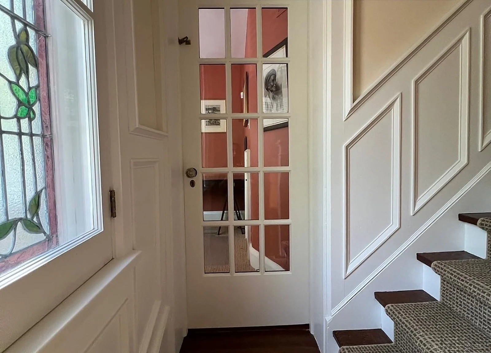 AFTER: french door and wainscoting painted white