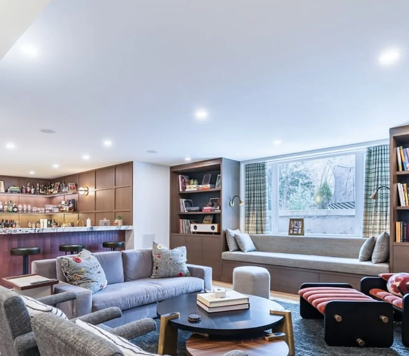 Basement lounge with built-in bar